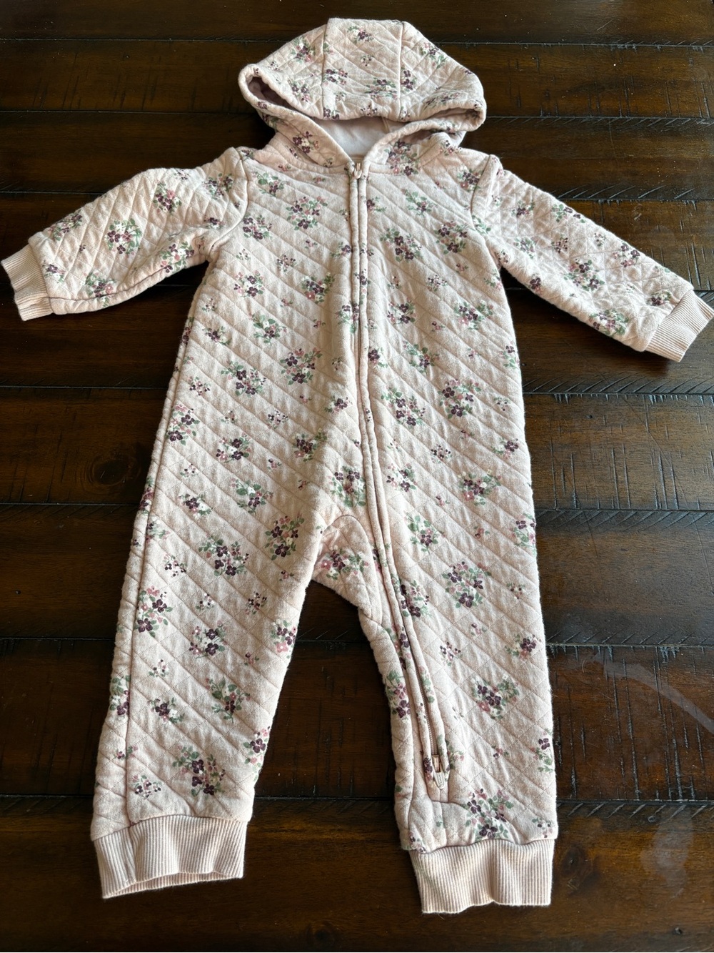 Carter's Little Planet Quilted Hooded Romper in Dusty Pink with Floral Trim